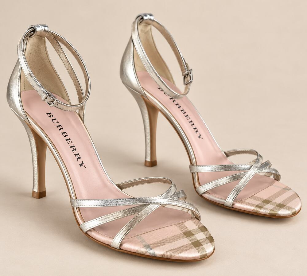 Vintage 90s Y2K Burberry Silver Leather Plaid Strappy Heels 38.5 8.5